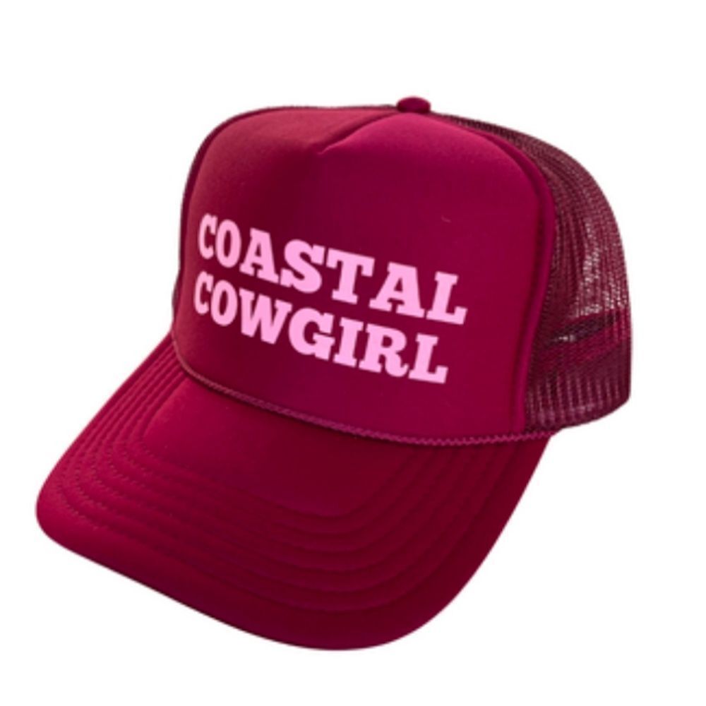 Coastal Cowgirl Maroon & Pink Trucker Hat Pink Writing BRAND NEW - Snap Back